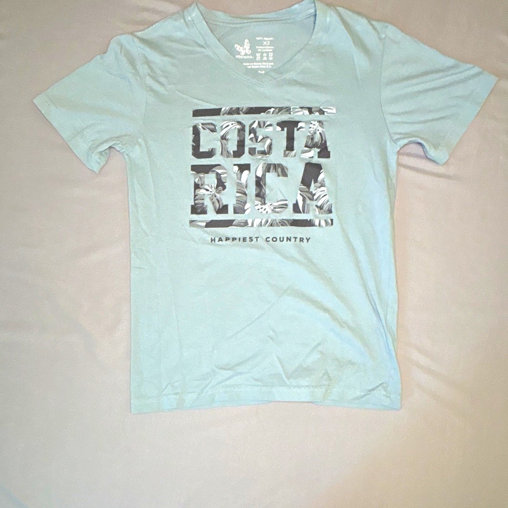Morpho Costa Rica Happiest Country V-Neck Graphic T-Shirt Blue XS Cotton